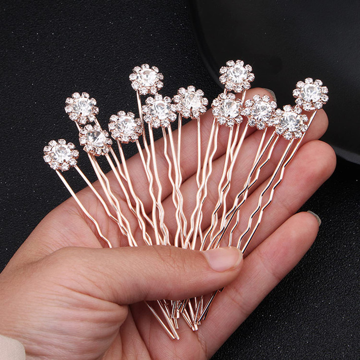 Xerling 12Pcs Rhinestone Hair Pins for Brides Wedding Hair Accessories Rose Gold Head Piece for Girls Hair Jewelry for B