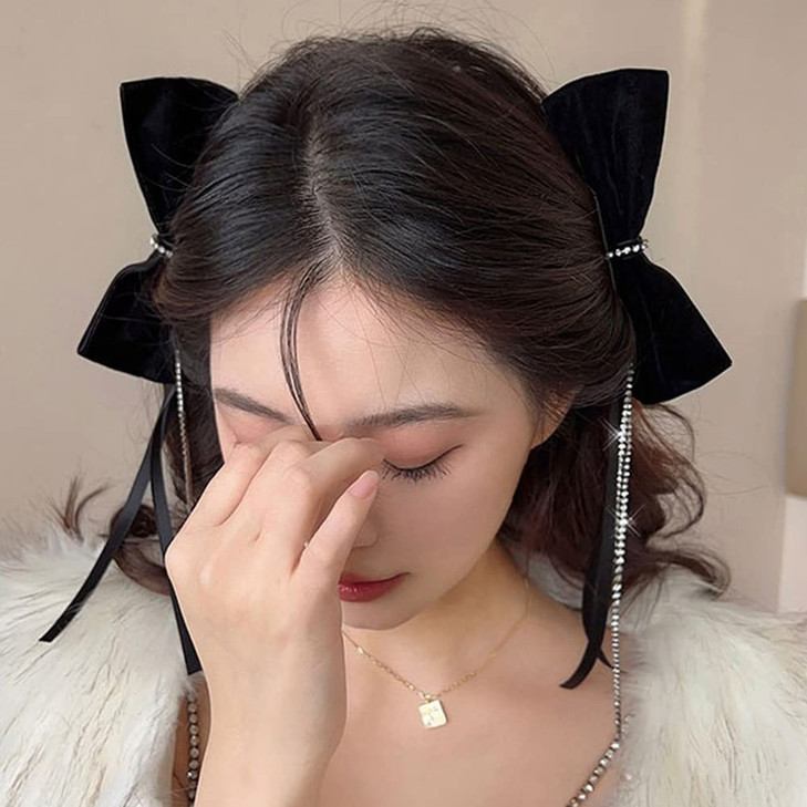 Jumwrit Rhinestone Hair Bow Side Clips 1 Pair Velvet Hair Barrettes Cute Black Hair Bowknot Nonslip Solid Color Hair Bow