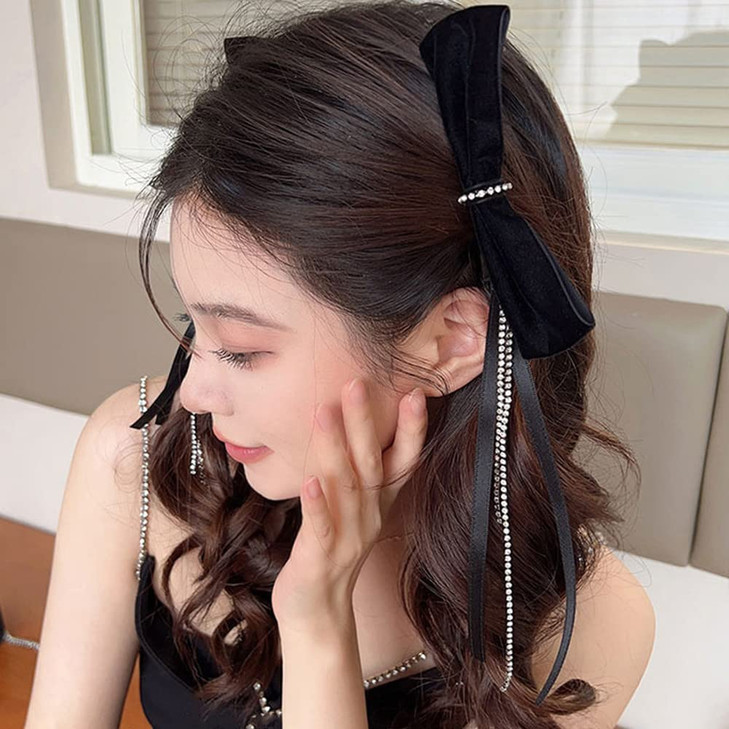 Jumwrit Rhinestone Hair Bow Side Clips 1 Pair Velvet Hair Barrettes Cute Black Hair Bowknot Nonslip Solid Color Hair Bow