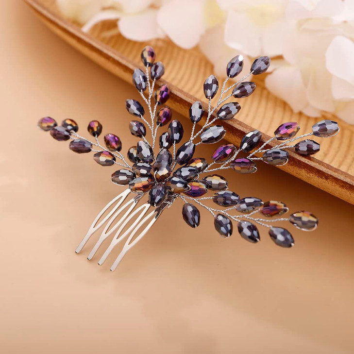 Chargances Rhinestone Bridal Wedding Hair Comb Purple Flower Bridal Side Comb Beaded Crystal Hair Vine Pieces Handmade H