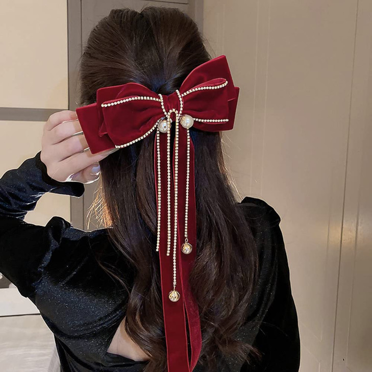 Jumwrit Big Pearl Hair Bow Clip Strong Hold Hair Barrette with Long Ribbon Tassel Soft Velvet Hair Bowknot Fashion Hair
