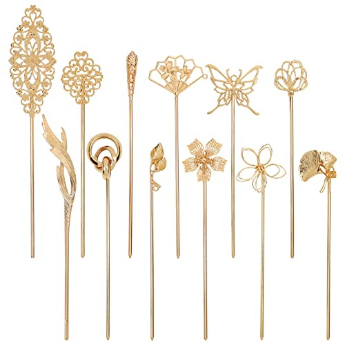 Cinaci 12 Pack Gold Decorative Chinese Vintage Butterlfy Flower Metal Hair Sticks Chopsticks Retro Hair Pins Forks Hairp