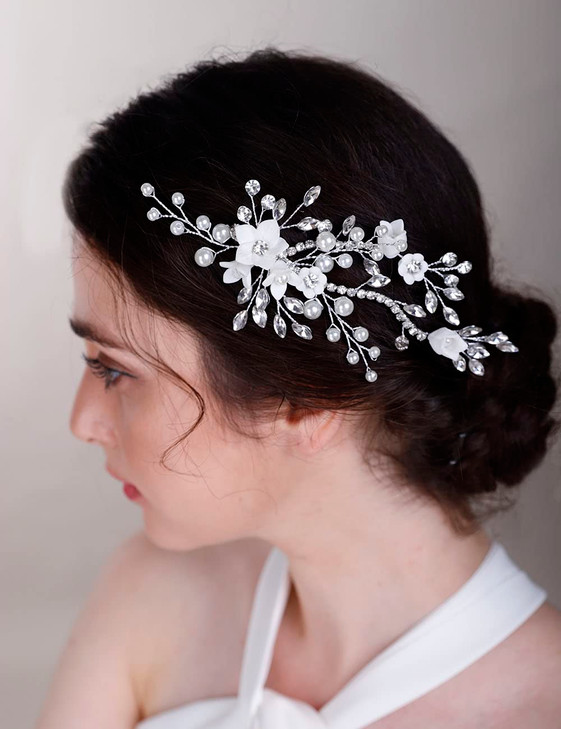 Chargances Bridal Rhinesotne and White Flower Hair Clips Wedding Pearl Crystal Barrette Silver Handmade Hair Accessories