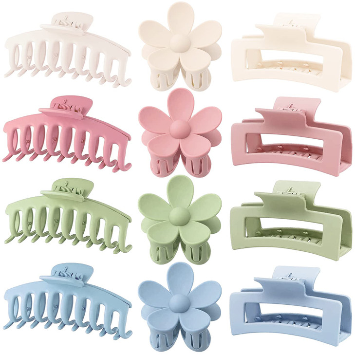 Large Hair Claw Clips 12 Pack Flower Hair Clips for Thin Hair Big Square Matte Strong hold for Thick Hair 3 Styles Hair