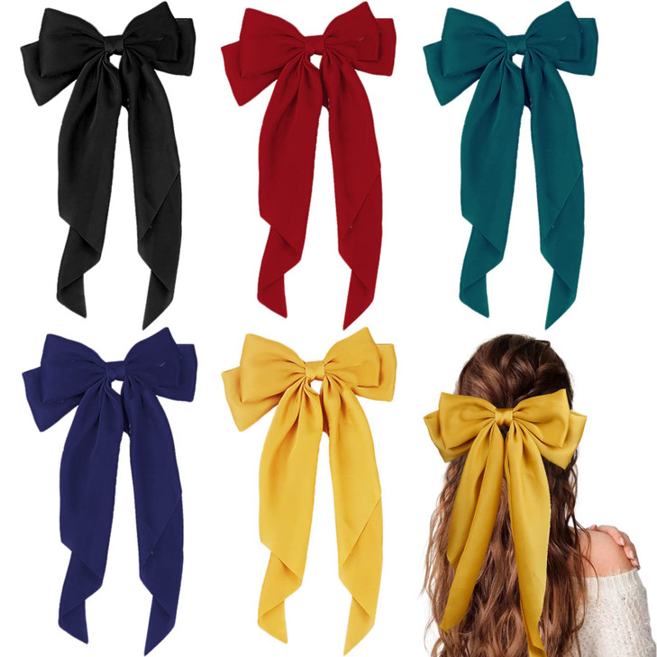 Large Satin Layered Hair Bows Hair Barrettes Clip Long Ribbon Bows Silky Bowknot with long Tail French Style Hair Access