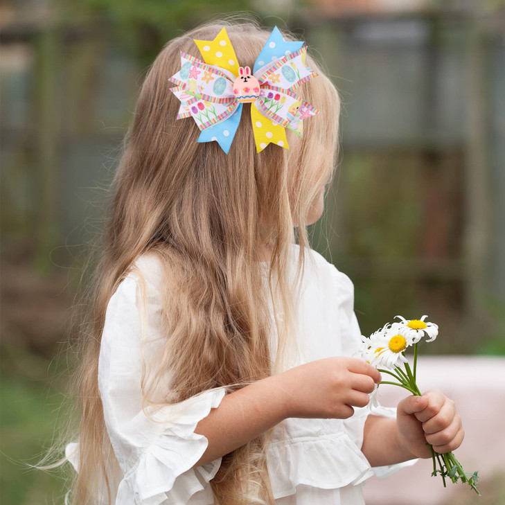 Easter Bunny Large Hair Bows Cartoon Easter Egg Rabbit Pattern Hair Clips Boutique Headdress Hair Accessories for Kids G