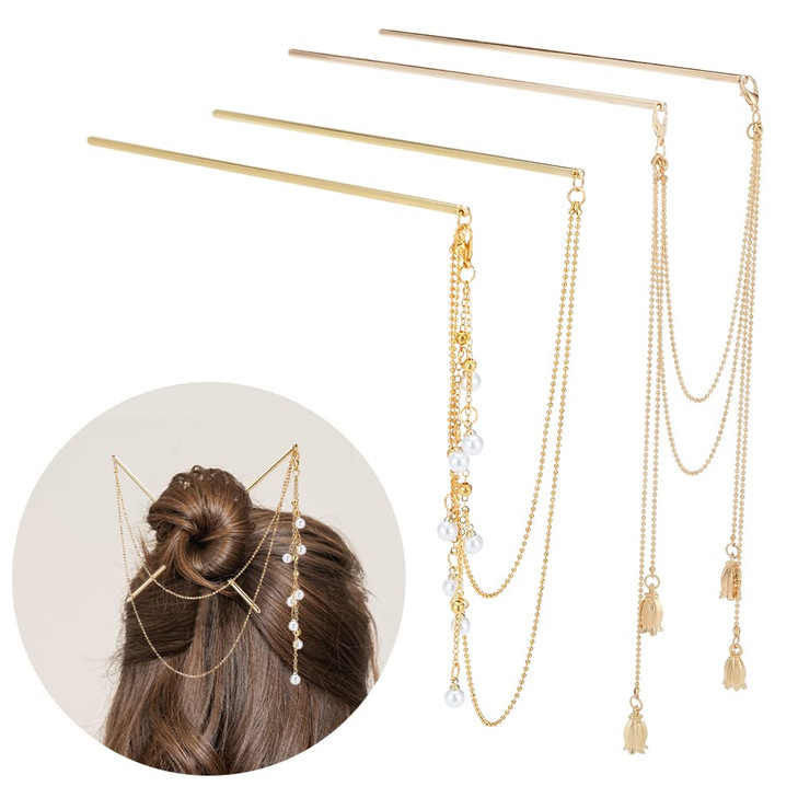 WEBBEDY 2Style Chinese Double Chain Hair Chopsticks Vintage Tassel Hair Sticks Hanfu Chignon Hairpins Hair Accessories f