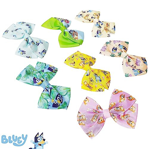 Bluey Kids Hair Bows Hair Accessories Gift Set Bluey Hair Bow 7 Pcs 4 Inch Bow Bundle HairBows for Girls Different Bluey