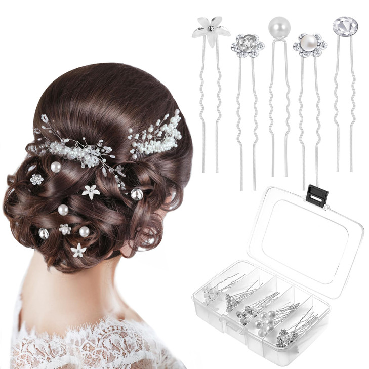 48 Pack 5 Styles Wedding Bridal Hair Pins Hair Accessories Gift Prom Pearl Rhinestone Hair Pins Crystal Flower Hair Clip