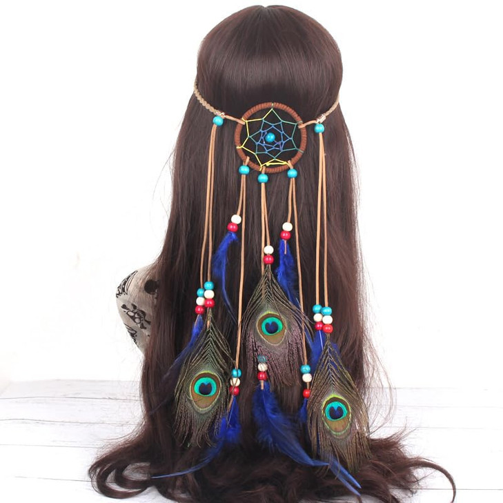 Gangel Bohemian Turquoise Feather Headband Indian Headdress Dreamcatcher Hippie Feather Headpiece with Blue Peacock Feat
