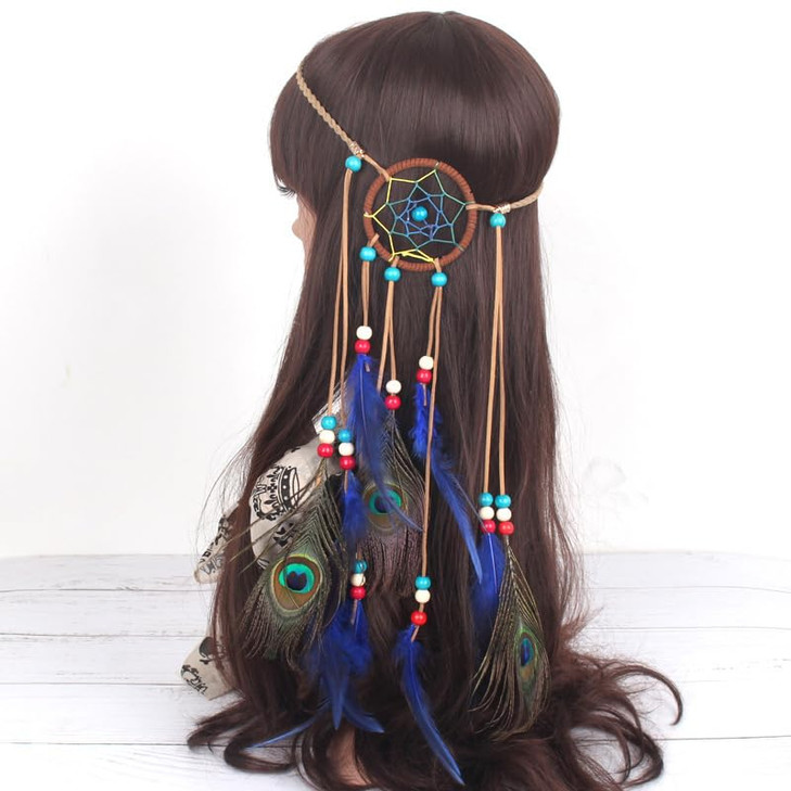 Gangel Bohemian Turquoise Feather Headband Indian Headdress Dreamcatcher Hippie Feather Headpiece with Blue Peacock Feat