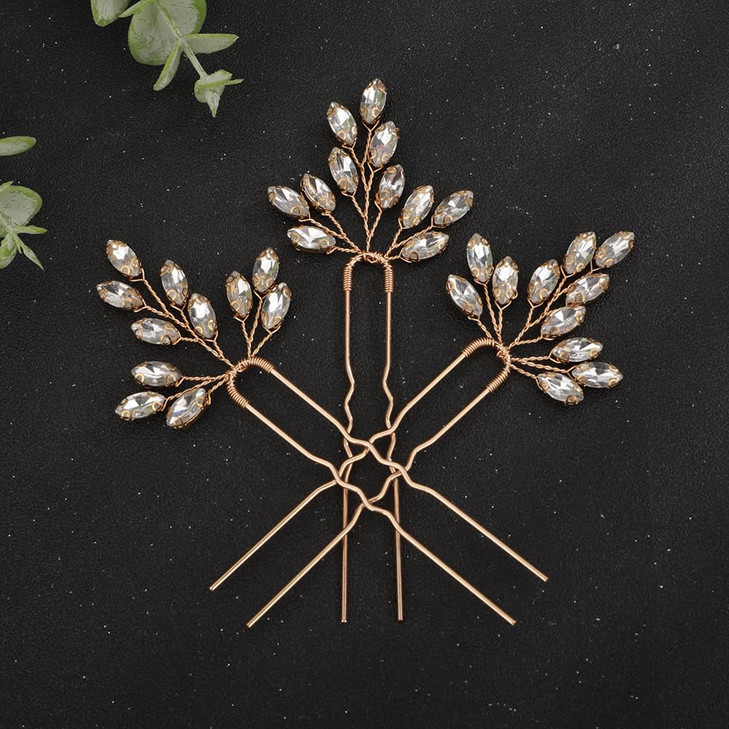 Teyglen 3pcs Crystal Bridal Hair Pins Rose Gold Rhinestone Wedding Hair Piece Hair Accessories for Bride Handmade Red Bl