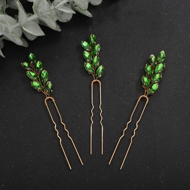 Teyglen 3pcs Crystal Bridal Hair Pins Rhinestone Hair Pieces Bride Wedding Hair Accessories Vintage Blue Red Green Rhine