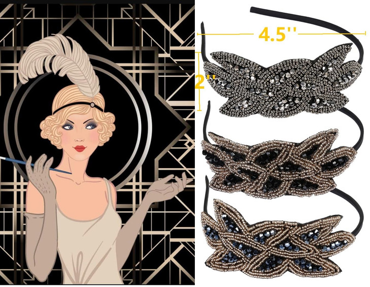 Flapper Headbands for Women 1920s Headpiece 3PCS Flapper Headpiece Beaded Roaring 20s Hair Accessories for Women for Par