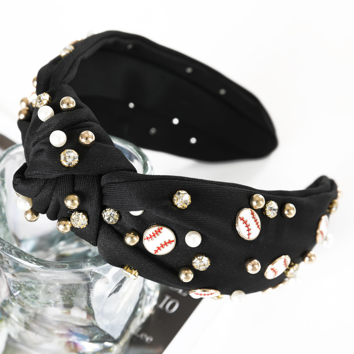 Gmmidea Baseball Headbands for Women Pearl Crystal Knotted Headband Bejeweled Baseball Charm Embellished Headband Wide K
