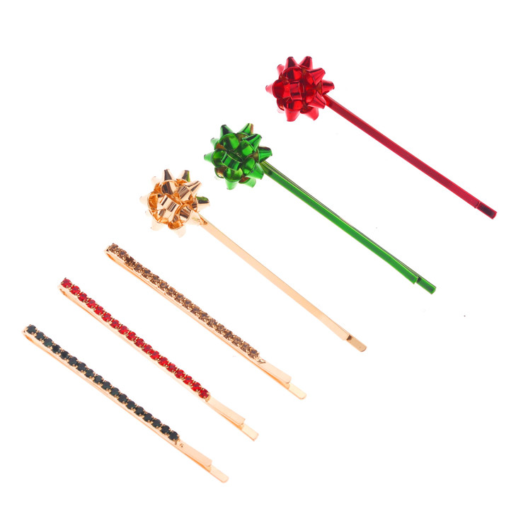 LUX ACCESSORIES Christmas Red Green and Gold Bow and Rhinestone Hair Pins set of 6
