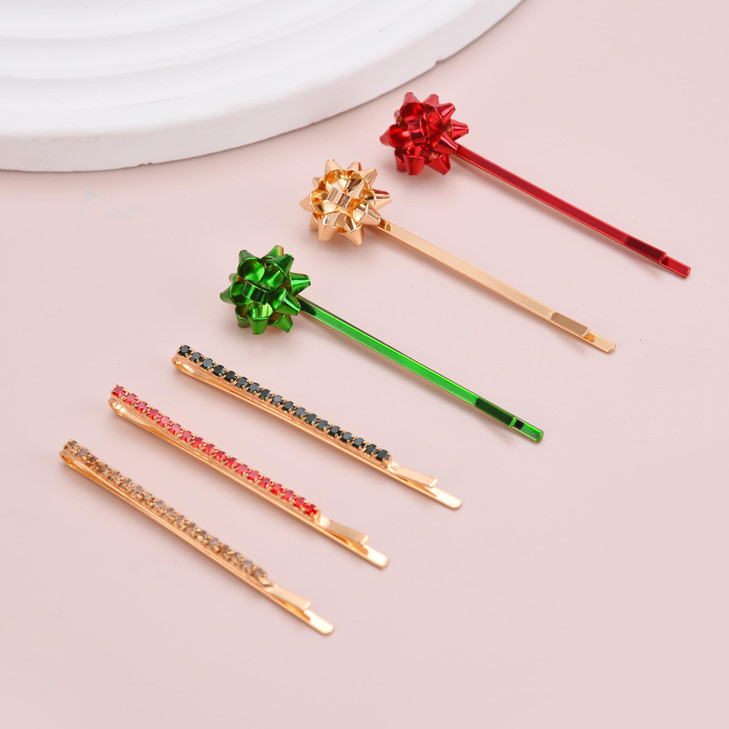 LUX ACCESSORIES Christmas Red Green and Gold Bow and Rhinestone Hair Pins set of 6