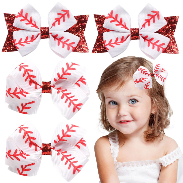 Whaline 4Pcs Baseball Glitter Hair Bow Clips Red and White Baseball Prints Cheer Hair Barrettes Grosgrain Ribbon Sports
