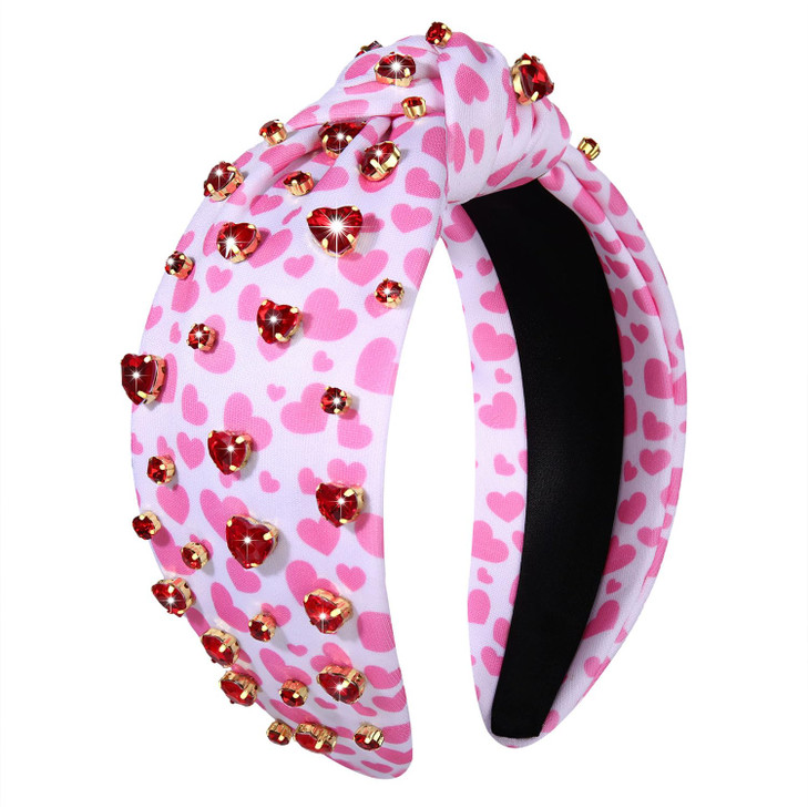 PHALIN Valentines Day Headband for Women Beaded Heart Knotted Headband Embellished Crystal XOXO Headbands Valentines Day