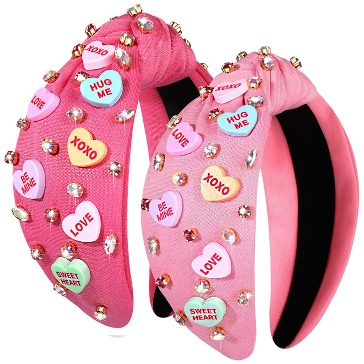 CEALXHENY Hairband 2PCS Valentines Day Headbands Accessories for Women Red Pink Beaded Heart Headband Jeweled Rhinestone