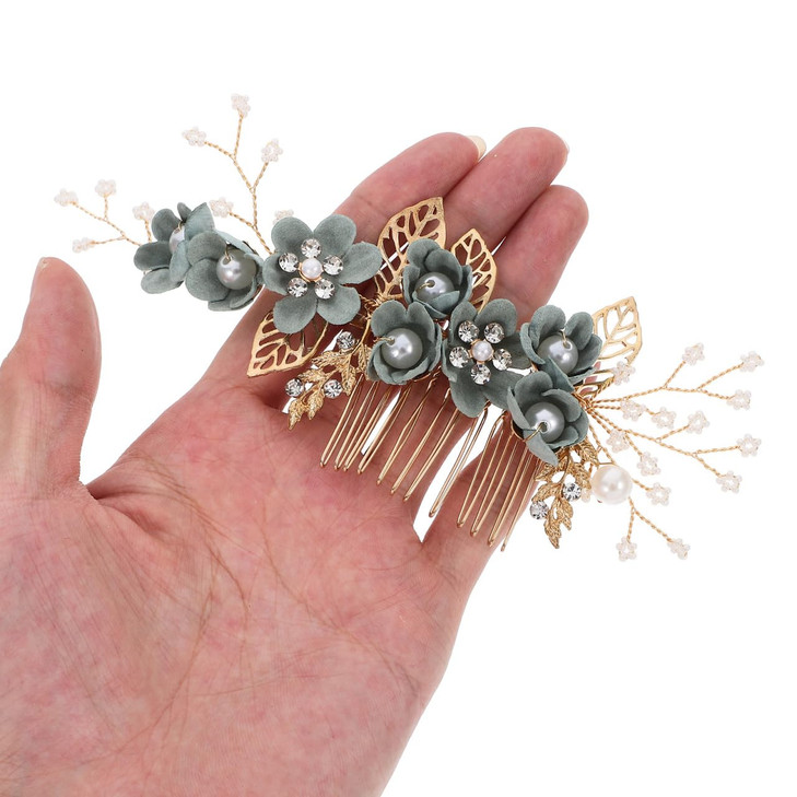 Kisangel Rhinestone Pearl Hair Accessories 4pcs Floral Hair Combs Hair Clips and Wedding Hair Comb Set for Brides Green
