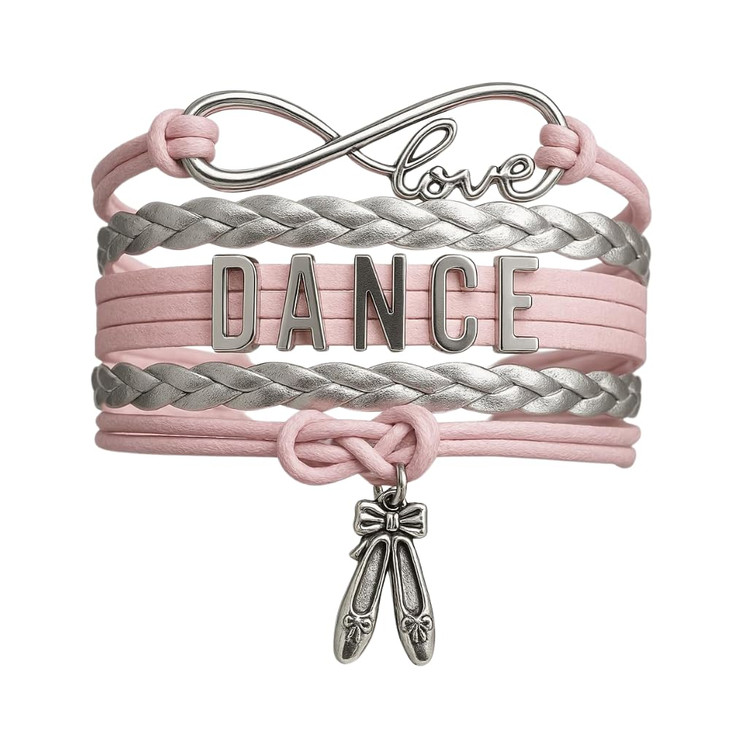Dance Bracelet Pink and Silver Ballet Charm Bracelet with Ballerina Shoes Love Infinity Wrap Bracelet Gift for Dancers R
