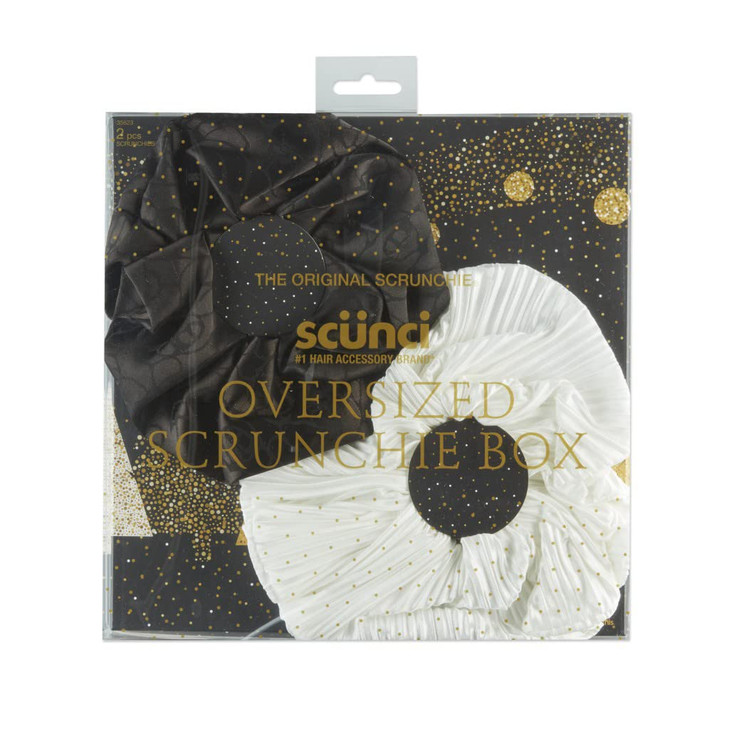 The Original Scrunchie Jumbo XL Fashion Oversized Fabulous Fabric Gift Box Includes 2 Unique Designs White Pleated Satin
