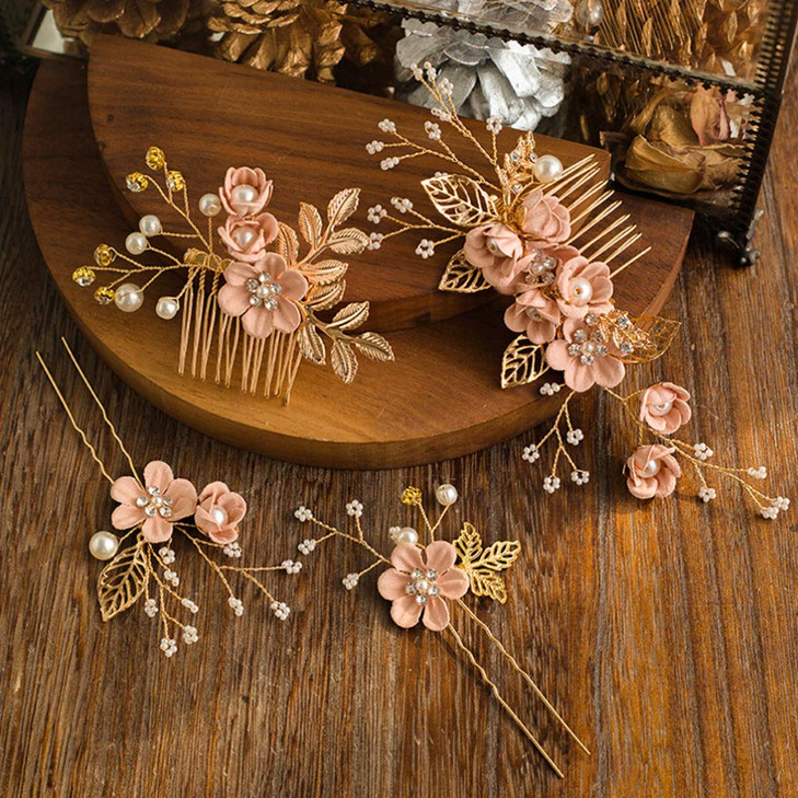 4pcs Wedding Handmade Fashion Hair Comb Set Floral Bridal Headpiece Hair Accessories Rhinestone Bridal Comb Pin Bride We