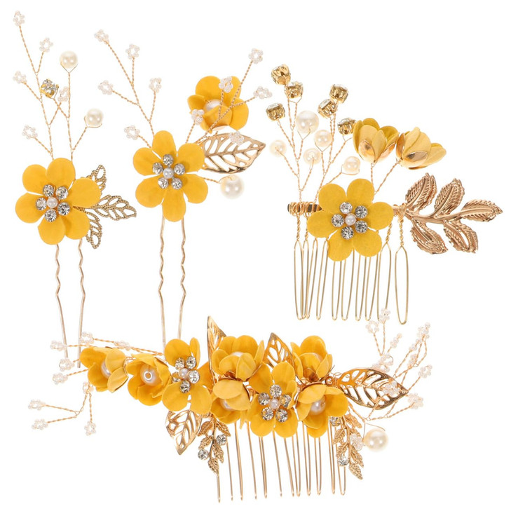 FOMIYES Bridal Hair Comb and Pins Set Yellow Flower Headpiece for Wedding Party and Evening 4 Pieces Zinc Alloy Hair Acc