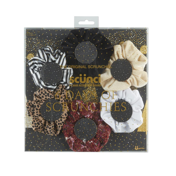 The Original Scrunchie Six Days of Scrunchies Glamour Gift Set Includes 6 Unique Designs Tan Dot Chiffon White Velour Bl