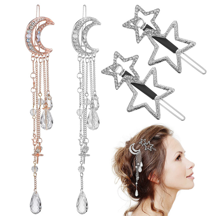 Beaupretty 4Pcs Moon Star hair clips Rhinestone Barrettes with Beads Tassel Hair charms Jewelry for Women Girl Silver Go