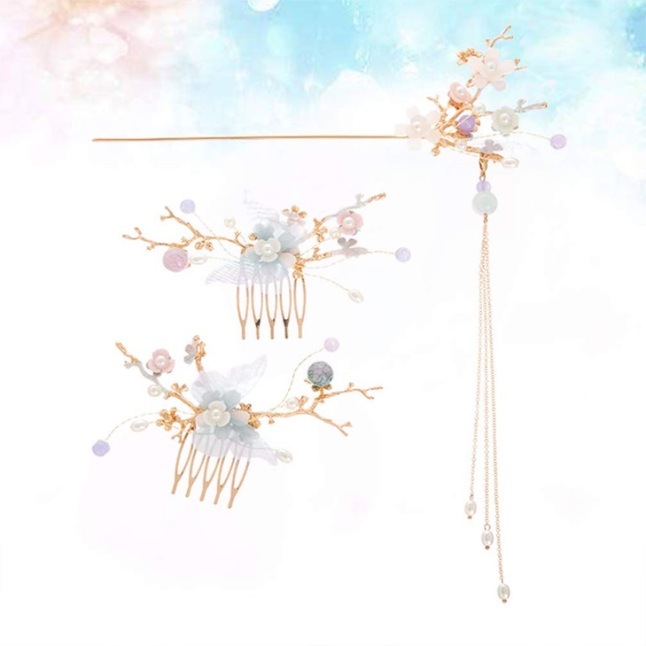Minkissy Chinese Hair Accessories Hair Sticks With Chain Chinese Hanfu Hair Pins Side Comb Cherry Blossom Headpiece For