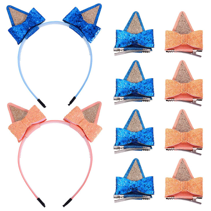 4 Pairs Dog Ears Hair Bow Clips and 2pcs Glitter Headbands Set Bowknot Hair Bows Cute Hair Accessories for Girls Hallowe