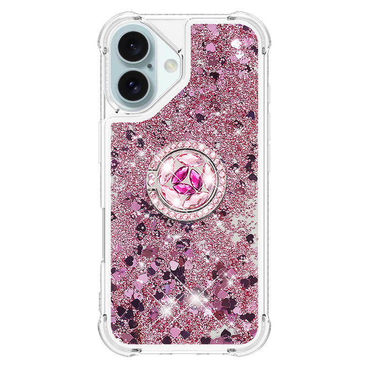 Fofvccv Glitter Clear Case for iPhone 16 Plus with Diamond Ring Stand for Women Girls, Sparkle Bling Flowing Liquid Quicksand Soft TPU Shockproof Cov