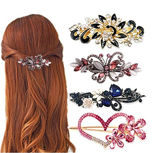 4 Packs Heart Shaped Crystal Butterfly Flower Vintage Hair Barrettes Peacock Rhinestones French Hair Clip Bridal Wedding