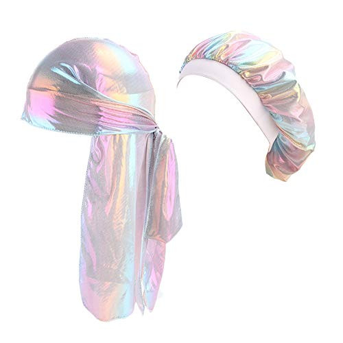 Durags and Bonnets 2pcsSet for Men Women 360 Wave Long Tail Silky Doo rag and Turban Sleep Cap