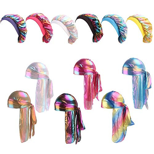 Durags and Bonnets 2pcsSet for Men Women 360 Wave Long Tail Silky Doo rag and Turban Sleep Cap