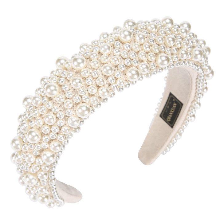 QIANXUAN Fashion Headbands For Womens Hair White Pearl Headbands For Girls Black Padded Headband Beading Pearls Hair Acc