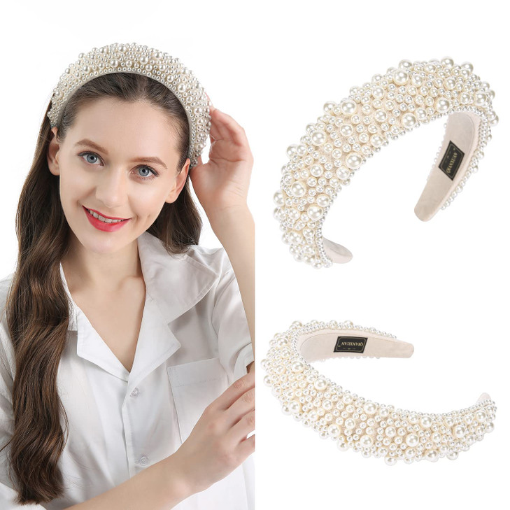QIANXUAN Fashion Headbands For Womens Hair White Pearl Headbands For Girls Black Padded Headband Beading Pearls Hair Acc