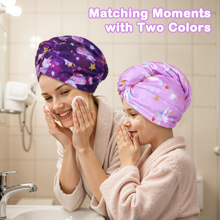 FIOBEE Microfiber Hair Towel Wrap for Kid Rapid Drying Towel Absorbent Hair Turbans for Wet Hair with Button Women Girls