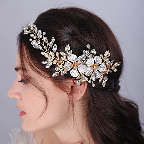 JWICOS Gold Wedding Headband Pearl Flower Bridal Hair Comb for Wedding Crystal Hair Accessories for Women Girls Wedding