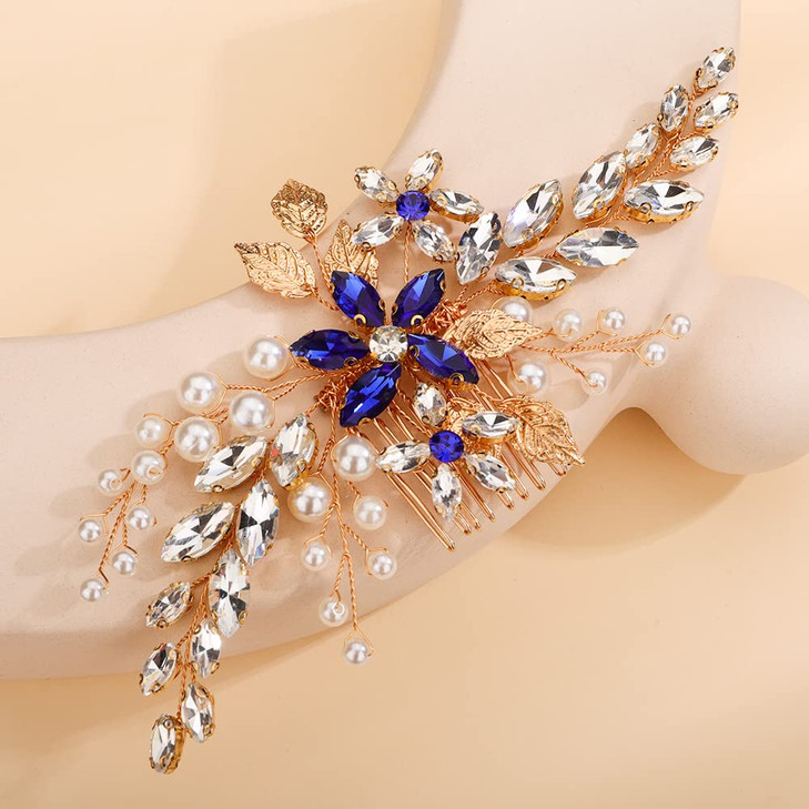 Teyglen Bridal Wedding Crystal Hair Comb Gold Leaf Blue Flower Side Hair Comb Rhinestone Wedding Hair Pieces Hair Jewelr