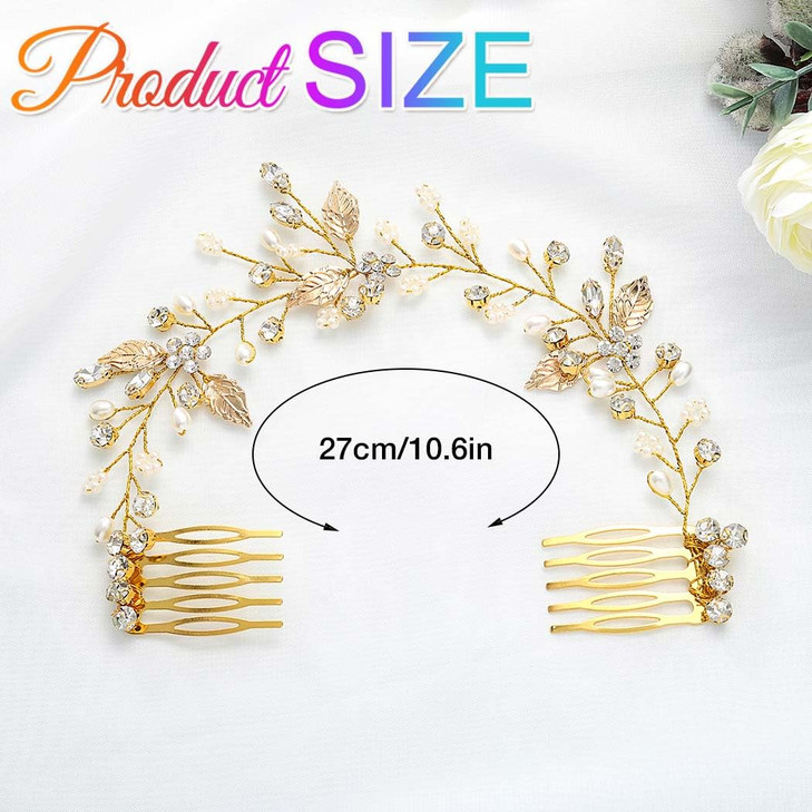 Gorais Crystal Bride Wedding Hair Combs Gold Leaf Bridal Hair Pieces Pearl Hair Accessories for Women and Girls AGold AG
