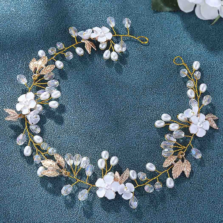 JONKY Pearl Leaf Flower Crystal Bridal Hair Vine Headbands and Hair Accessories for Women Gold