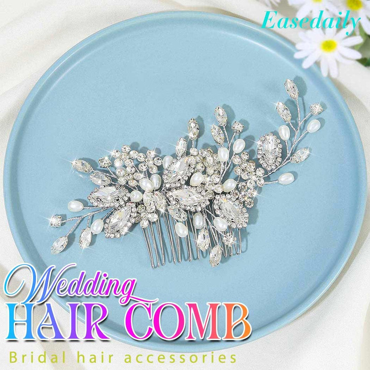 Easedaily Crystal Bride Wedding Hair Comb Silver Rhinestone Bridal Hair Piece Pearl Side Combs Hair Accessories for Wome