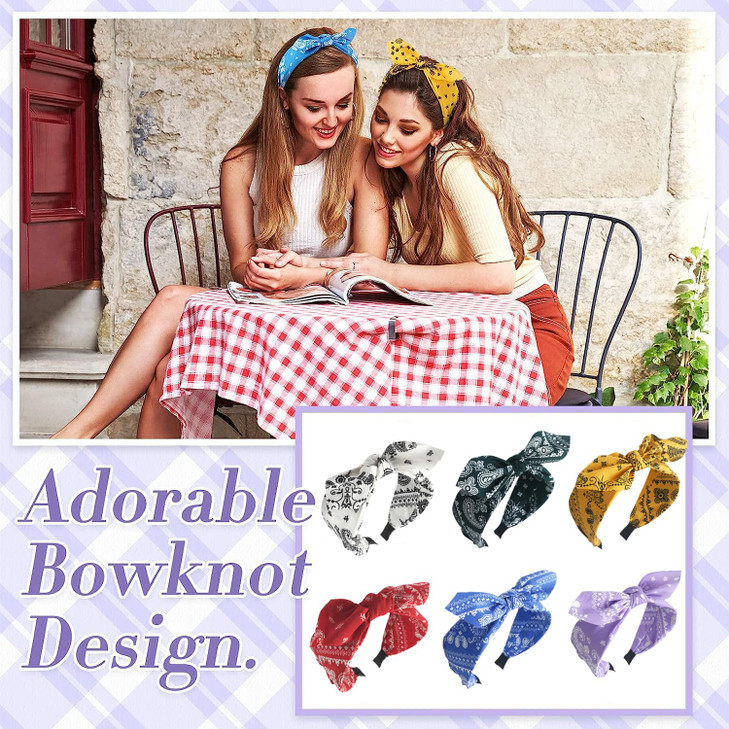 HUANMAYE 6Pcs Boho Headband for Women Knotted Bow Hairbands Fabric Elastic Accessories Rabbit Ear Hair Bands Wide Turban