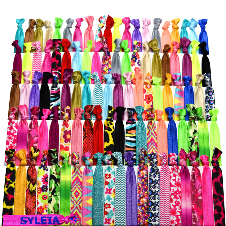 Syleia Hair Ties Pack of 100 Printed Patterns and Solid Bright Colors Elastic Band Ponytail Holders Elastic Ribbon Hair