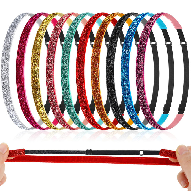 10 Pcs Glitter Non Slip Running Headbands Elastic Girls Sports Velvet Sparkly Fabric Stretchy Shiny Headbands Pack Worko