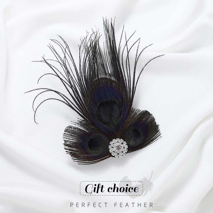 GORTIN 1920s Black Feather Hair Clip Peacock Rhinestone Headpiece Art Deco Headband for Women Girls Party Prom and Forma