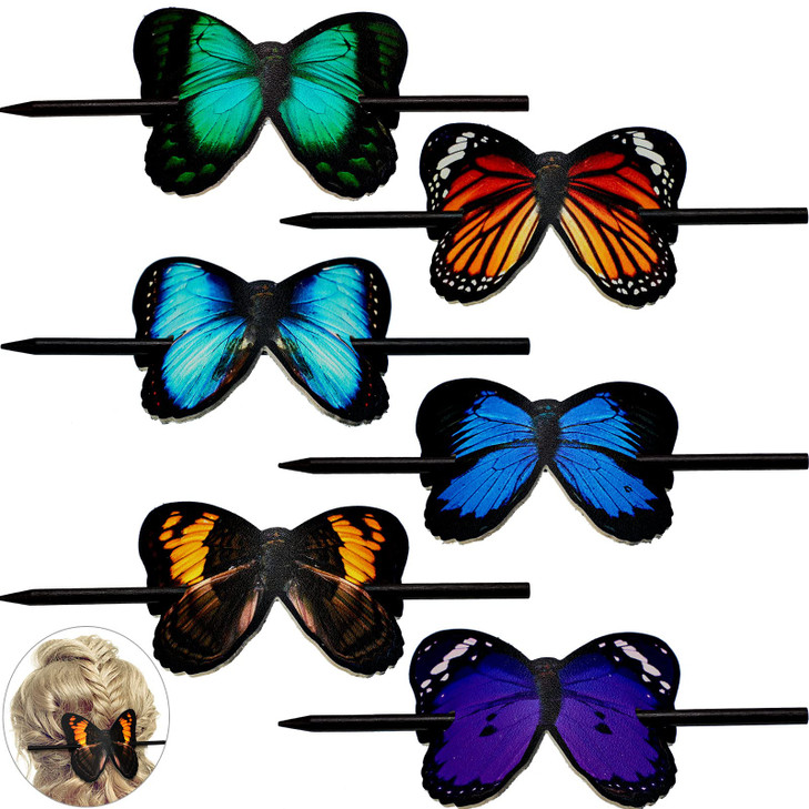 Jutom 6 Pcs Colorful Hair Barrettes with Butterfly Faux Leather Clips Wood Stick for Women and Girls Hair Accessories